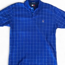 1998 Vintage Tommy Hilfiger blue polo shirt with white grid pattern. Large. Y2k