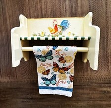 Vintage Country Chic Wooden Hand Painted Towel Rack Shelf w/ Roosters and Hen