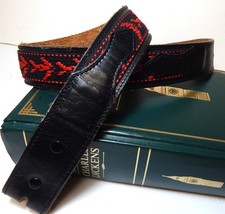 BLACK Leather Vtg Snap BELT Red  Black Embroidered Stitch Western 29" 30" 31"