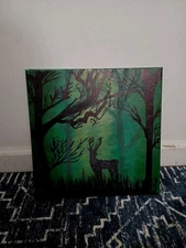 Deer Original Artwork Green Black Canvas Acrylic Painting Wall Art Buck Country