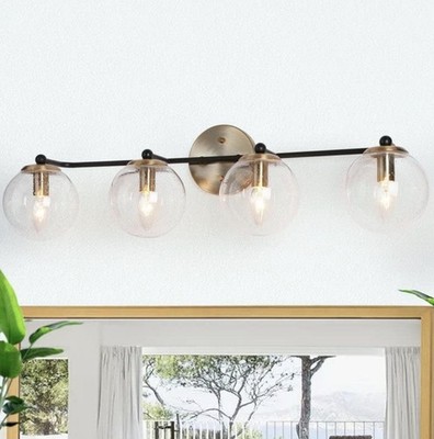 Zevni A04692 30 in 4-Light Brass Gold/Black Bath Vanity Light with Seeded Glass