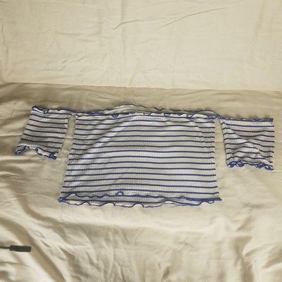 ASOS Off Shoulder Crop Top Womens 10 Blue White Excellent Striped Lettuce Edge