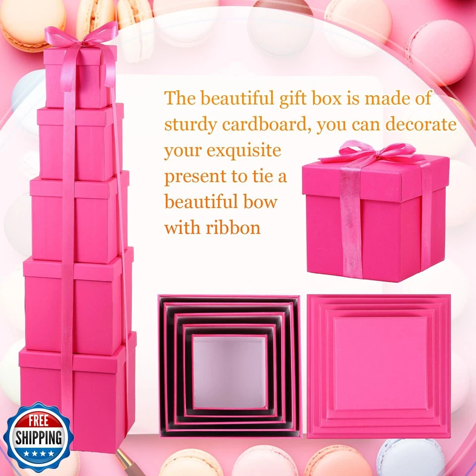 Cholemy 5 Pcs Square Nesting Boxes Decorative Gift Boxes with Lid and Ribbon - Image 3 of 4