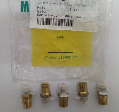 Qty5 McMaster Carr Brass 45° Flared 1/4'' M Tube x 1/4'' MNPT Straight Adapters