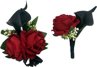 Red Rose Corsage and Black Calla Lily Boutonniere Set for Weddings and Prom