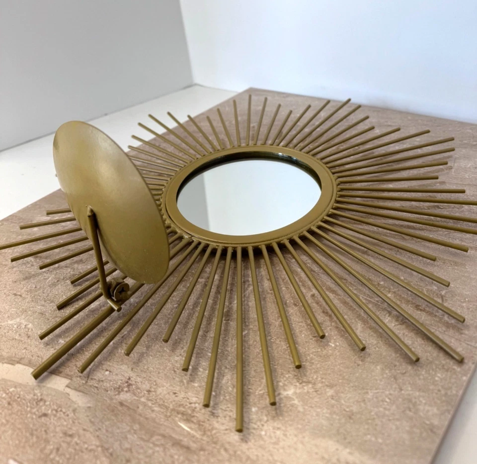 Large Sunburst Mirror with Fold Up Candle Holder 14" Golden Metal MCM Decor - Image 3 of 4