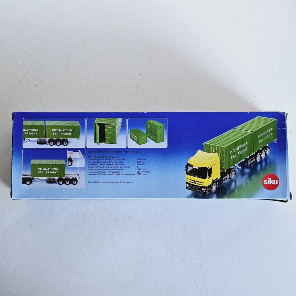 Camión Mercedes SIKU 3921 con contenedor de carga, remolque esquelético 1:50 - sin usar Foto 2 de 3
