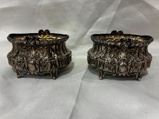 RARE PAIR RUSSIAN SILVER GILT FOOTED SALT CELLARS REPOUSSE C.1900