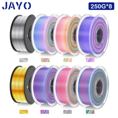 JAYO 8 rollos SILK PLA+ filamento impresora 3D 1,75 mm 0,25 kg oro plata arco iris
