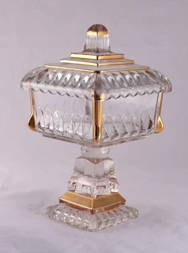 Vintage Jeanette Compote Candy Dish On Pedestal Lid Pressed Glass Gold trim 8"H