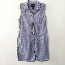 Tahari Linen Dress Small blue sleeveless button front collared knee length