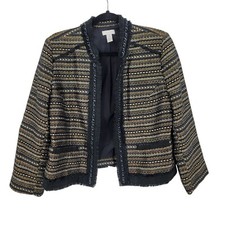 Chico's Boucle Tweed Blazer Size 1 M Black Gold Metallic Striped Chain Trim