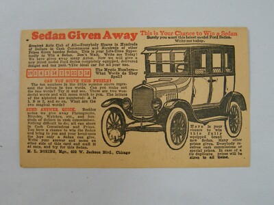 VINTAGE ADVERTISING POST CARD M.L. BOEING MGR SEDAN GIVEN AWAY UNUSED