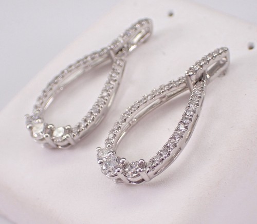 White Gold Diamond Dangle Drop Earrings Teardrop Chandelier Style - Picture 3 of 5