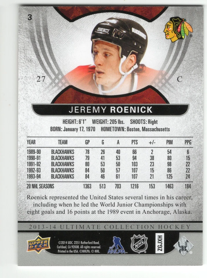 2013-14 Ultimate Collection Jeremy Roenick Card #3 chicago Blackhawks 349/499 - Image 2 of 2