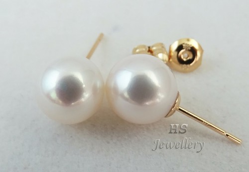 HS 10mm Japanese Akoya Cultured Pearl Stud Earrings 18ct Yellow Gold Top Grading - Picture 2 of 3
