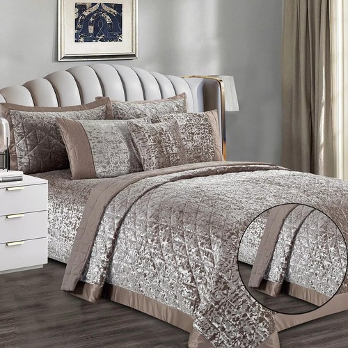 3 Pcs Quilted Bedspread Crushed Velvet Bedspread Bed Throw Set Double King Sizes - Picture 14 of 26