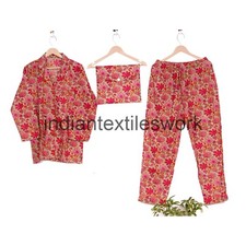 Hand Block Flower Print Cotton PJs Suit Indian Women Night Party Dress CNS65