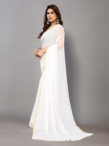 Woven, Embellished Daily Wear Chiffon Saree (White) - Picture 5 of 7