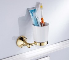 Wall Mount Bathroom Gold Color Brass Toothbrush Holder with 1 Ceramic Cup 2ba877