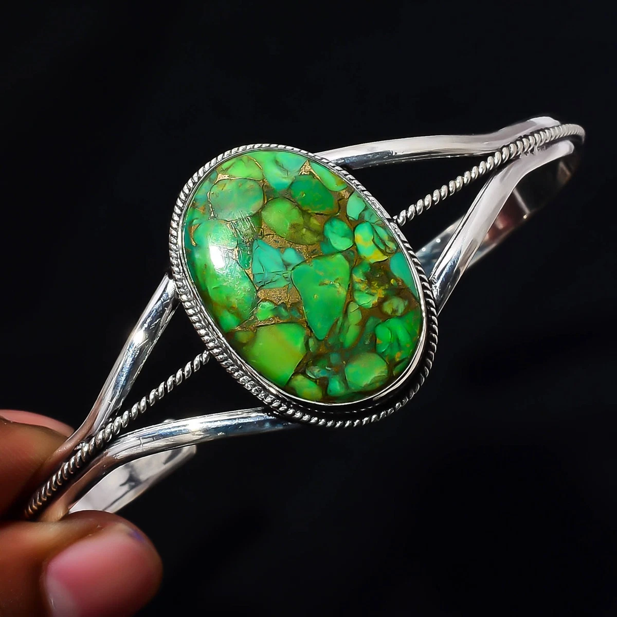 Copper Turquoise Gemstone 925 Sterling Silver Handmade Bangle Jewelry Gift For