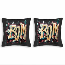 Set of 2 18x18in Throw Pillow Covers - Bold Graffiti Style " BON " Design 