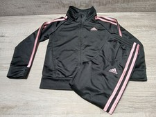 Adidas 2-Piece Tricot Track Jacket  Pants Set Black/Pink Stripes Girls Sz 5