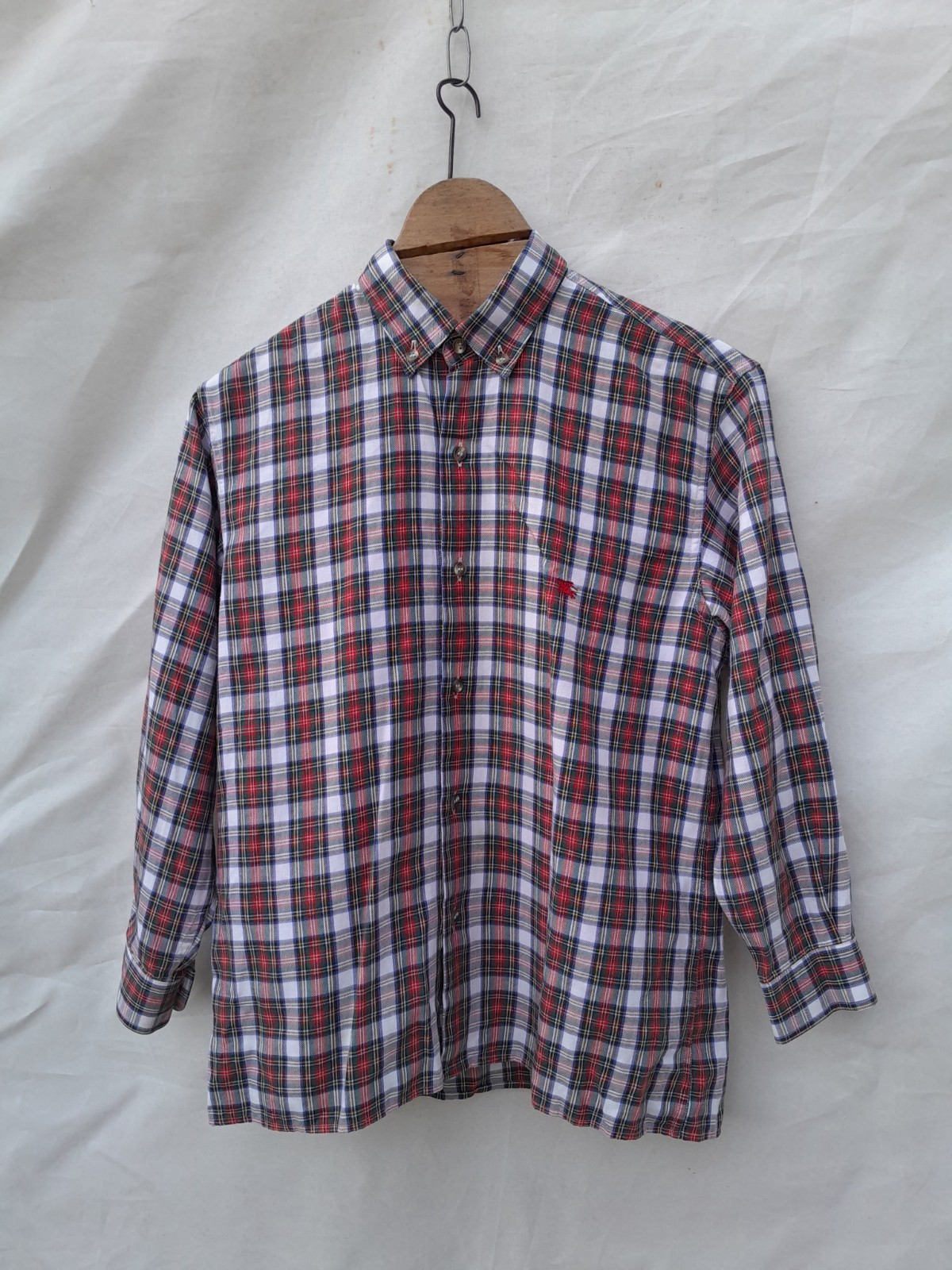Vintage Burberrys Tartan Shirt Boys 10 Red Plaid Check Long Sleeve Made in Spain