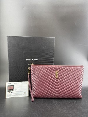 Saint Laurent Cassandre Chevron Bordeaux Red Clutch Bag W/ Box
