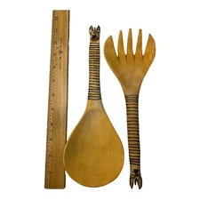 VTG Salad Serving Set African  Wooden Zebra Hand Carved Painted