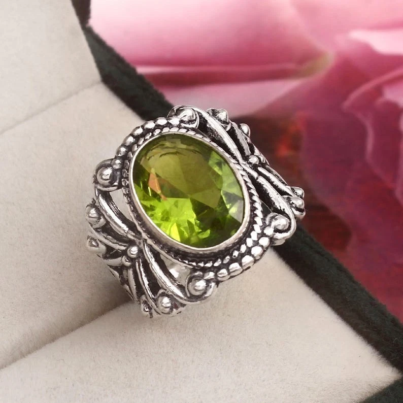 Green Peridot 925 Sterling Silver Band & Statement Ring Handmade All Size SS35 - Image 2 of 3