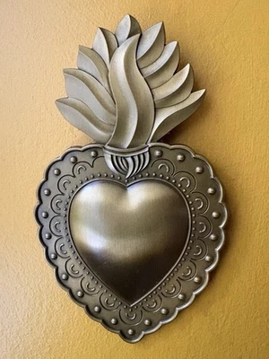 Sacred Flaming Heart Wall Ornament Mexican Milagro Home Decor Metal - Image 1 of 3