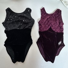 Lot Of 2 Girls GK Elite Gymnastics Leotard Velour Kid Size S/5 Black Burgundy