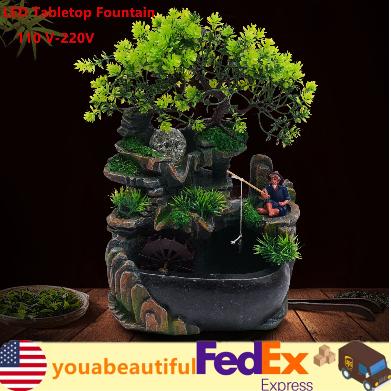 Desktop LED Color Change Lamp Rockery Fountain Waterfall Water Sound Ornament