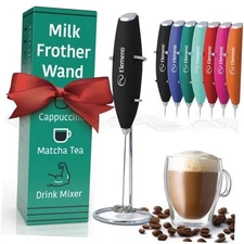  Milk Frother Wand & Drink Mixer with Stand - Handheld Milk Frother Black