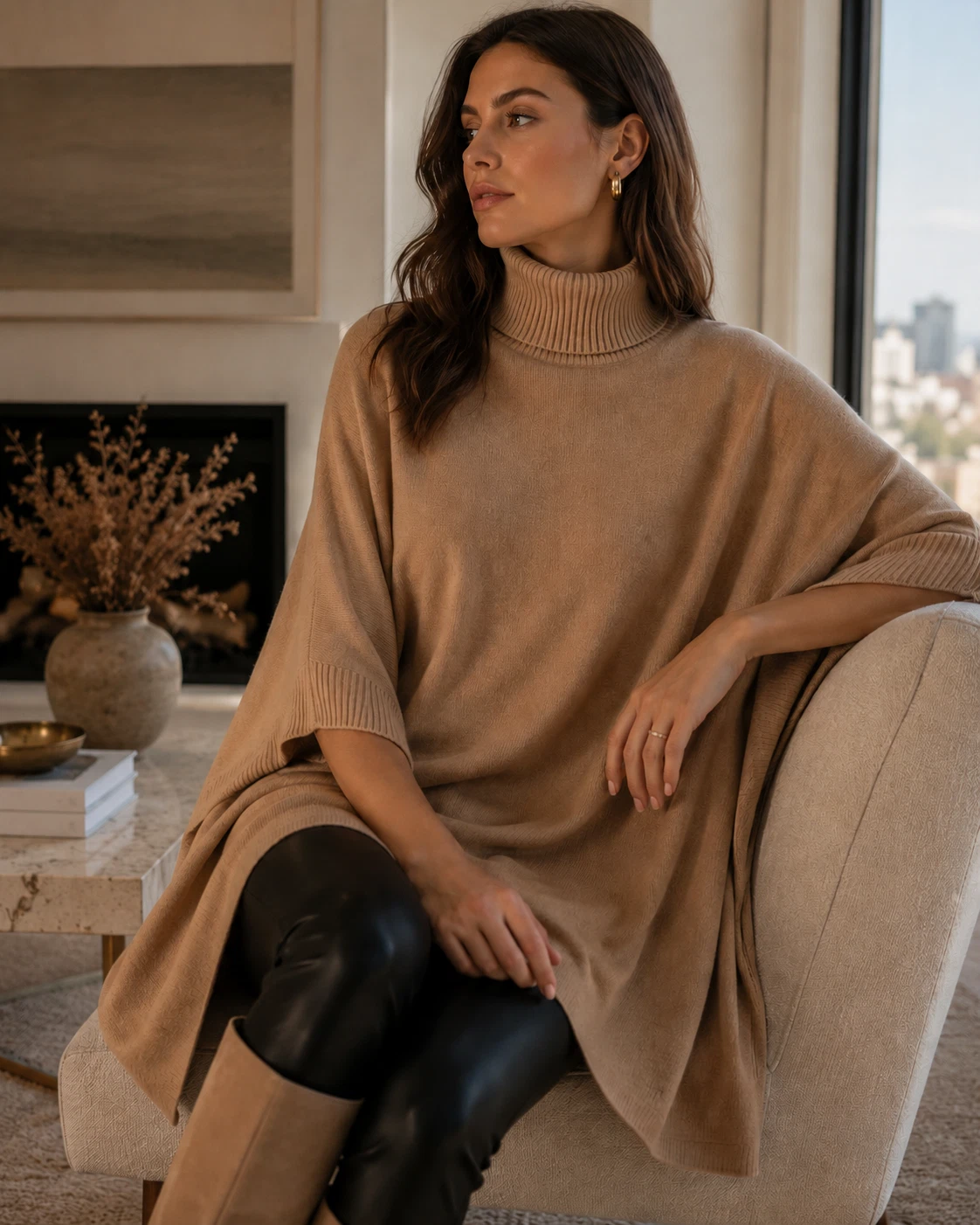 Michael Kors NWT Camel Turtleneck Poncho Sweater Cape Oversized Knit Women S