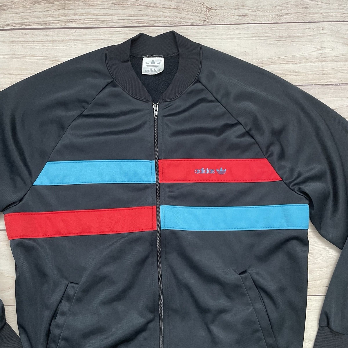 Vintage 1980s Adidas Black Track Jacket Size Large Trefoil Blue Vintage 1980s Adidas Black Track Jacket Size Large Trefoil Blue