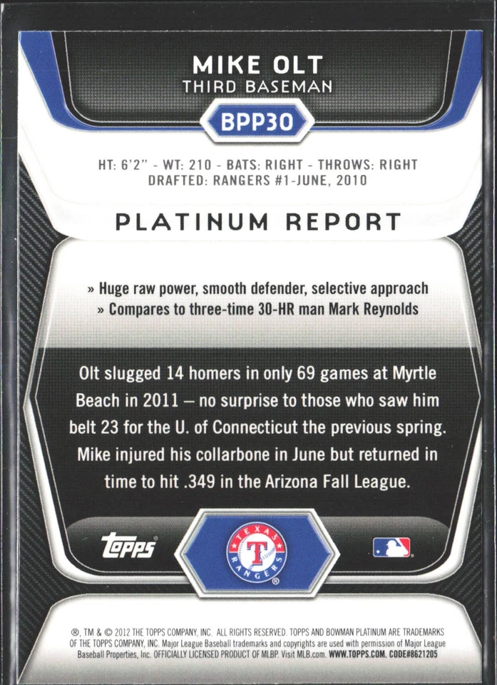 2012 Bowman Platinum #BPP30 Mike Olt Prospects X-Fractors - Image 2 of 2