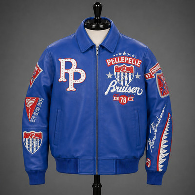 Blue Leather Bomber Jacket With Embroidery   American Bruiser Design Premium