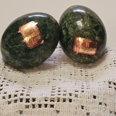 Pair of Vintage Norleans Green Marbled Eggs Hand Made in Italy With Labels 2.25''