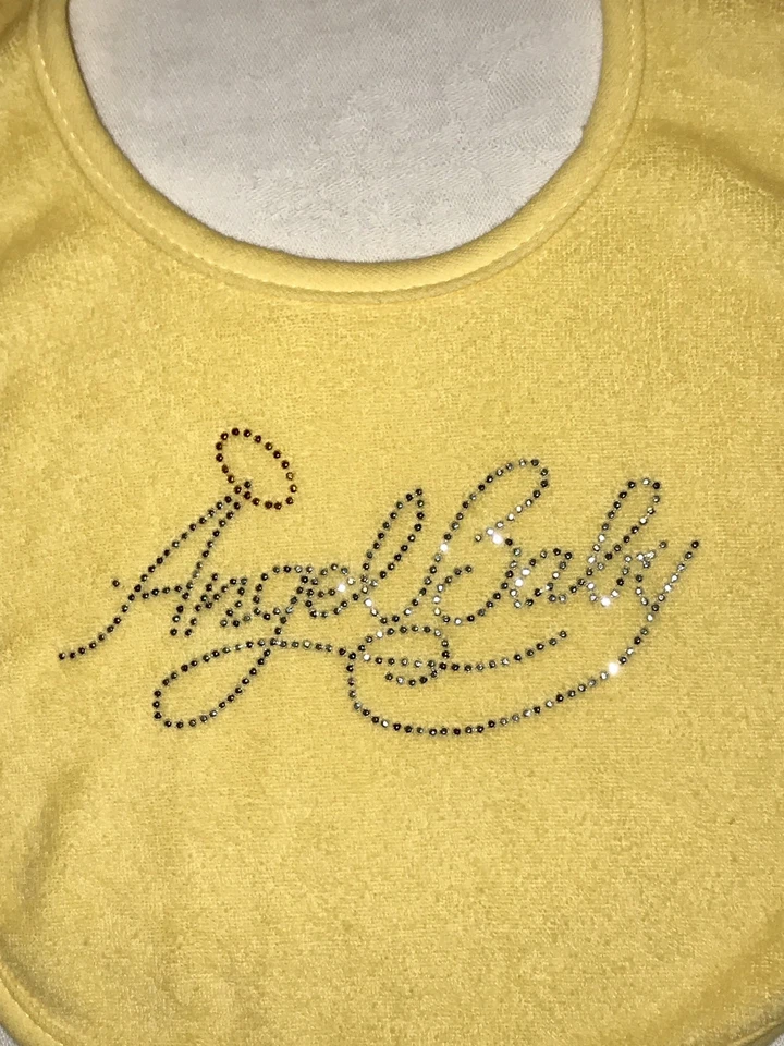 NOVO Baby Bib ANGEL BABY design de cabeça de unha prata, strass PRESENTE BABY BLING - Imagem 2 de 2
