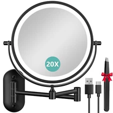 1X/20X Wall Mounted Makeup Mirror with Light 8" Double-Sided Magnifying Mirro...
