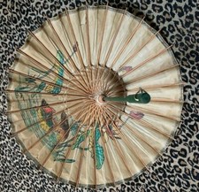 VINTAGE ASIAN PAPER UMBRELLA/ PARASOL WITH FLORAL/ BIRD THEME ACCENT