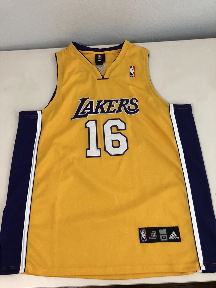 Camiseta Adidas LA Los Angeles Lakers Pau Gasol dourada masculina tamanho 50 XXL 2XL - Imagem 3 de 4