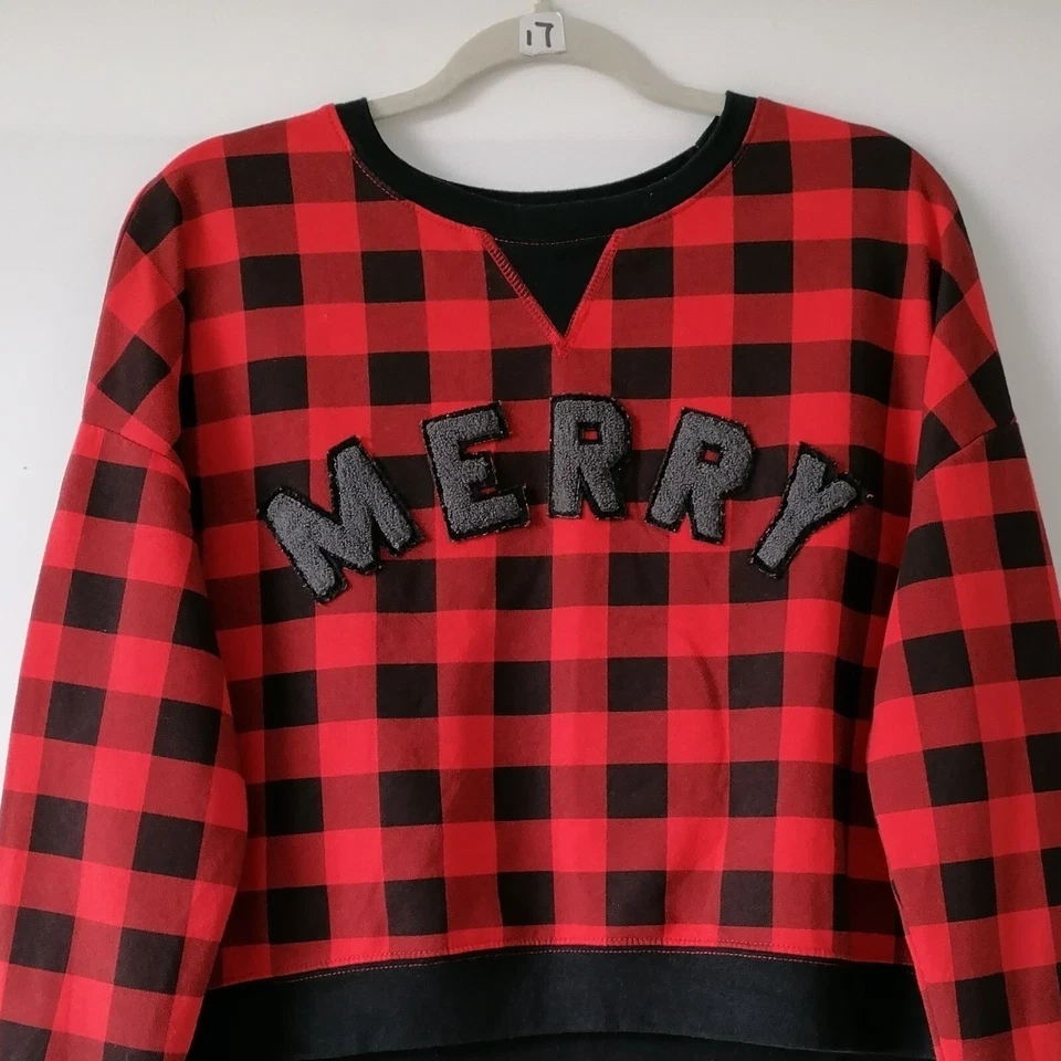 Sudadera a Cuadros Fifth Sun Merry Para Mujer Roja Cuello Redondo Hombro Caído Talla L Foto 3 de 4