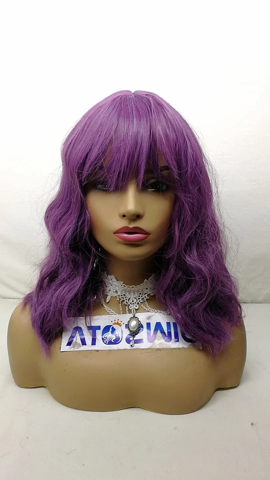 Perucas roxas onduladas curtas para mulheres com franjas peruca feminina bob cabelo sintético - Imagem 2 de 4