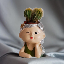 Vase fleurs visage de fille résine verte, petit pot tête femme avec petite plant