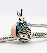Cute Easter Bunny Holding Egg Charm Bead Genuine 925 Sterling Silver 💖