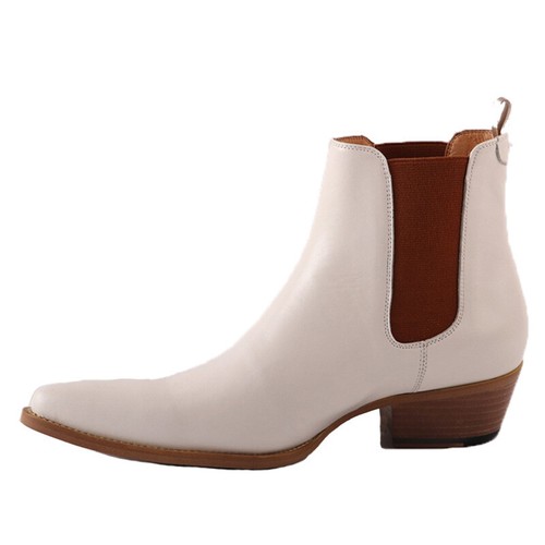 Mens Real Leather Pointy Toe Chelsea Ankle Boots Cuban Heel Cowboy British Beige - Picture 5 of 12