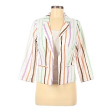 NWT ModCloth M Women  s white rainbow stripe open linen blend 3/4 sleeve blazer